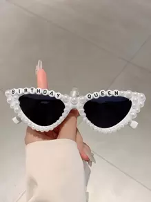 1Pc Women New Full Frame Cat Eye Shaped Fashion Glasses Stylish White Glasses With Faux Pearls Fashion 'Birthday Queen' Letter Frame Multicolor Chic Suitable Birthday Parties And Shows For Summer Beach Vacation,Outdoor,Travel Preppy Style For Back To School