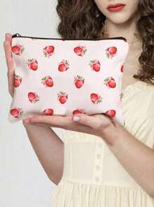 1pc Aardbeienpatroon Thema Volledige Print Make-up Tas - Lichtgewicht En Geurloze Polyester Reis Toilettas, Cartoon Aardbei Leuke Multifunctionele Canvas Tas, Oplaad Opbergtas, Essentiële Reis Make-up Tas: Meisjes Reis Reddingsboei Tas