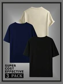 3 件/套男士夏季短袖图案 T 恤组合，带有树、鸟、几何线条和山峰图案，青春印花圆领休闲 T 恤 - 彩色 - 查看 2