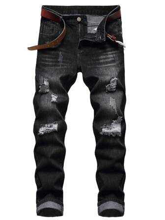 Men's Slim Fit Ripped Jeans - Fashionable Classic Black Design, Unique Street Style Design, Men's Retro Straight Leg Casual Jeans