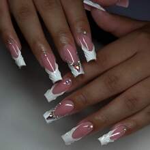 24件套3D凝胶美甲套装，打造方形白色法式美甲，中等厚度，水钻装饰，亚克力假指甲套装包含1瓶果冻凝胶和1把指甲锉，易于佩戴，适合女性日常工作、节日和派对场合。 - 彩色 - 查看 8