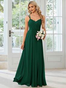 Solid Color Minimalist Ruched Criss-Cross Backless Dark Green Bridesmaid Dress, Wedding Guest Dress - Dark Green - View 6