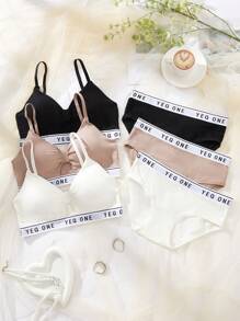 3SETS Ladies Sexy Openwork French Bra Briefs Suit, Comfortable And Wireless, Letter Printed Sling Tube Top Beautiful Back, Chest Pad Wrapped, Sports Bra Suit.