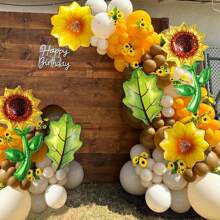 Conjunto de decoración de arco con globos de girasol, globos de color amarillo mostaza neutro, beige y marrón con globos de lámina de girasol, adecuado para decoración de fiesta de boda, cumpleaños o fiesta temática de girasol o abeja - Multicolor - Ver 3