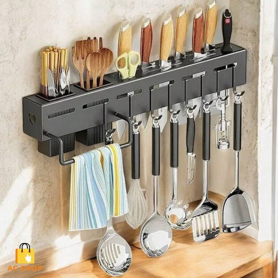 Kitchen Organizer Holder Utensil Holder Wall Rack With Hooks And Dividers Cutlery Knives Ladle Cloth Cup - Black - View 1