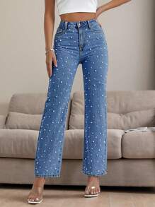 Women's Straight Leg Pant Jeans,Pearl Decoration,Button Zipper And Pocket Summer Jeans - Rửa trung bình - Xem 1