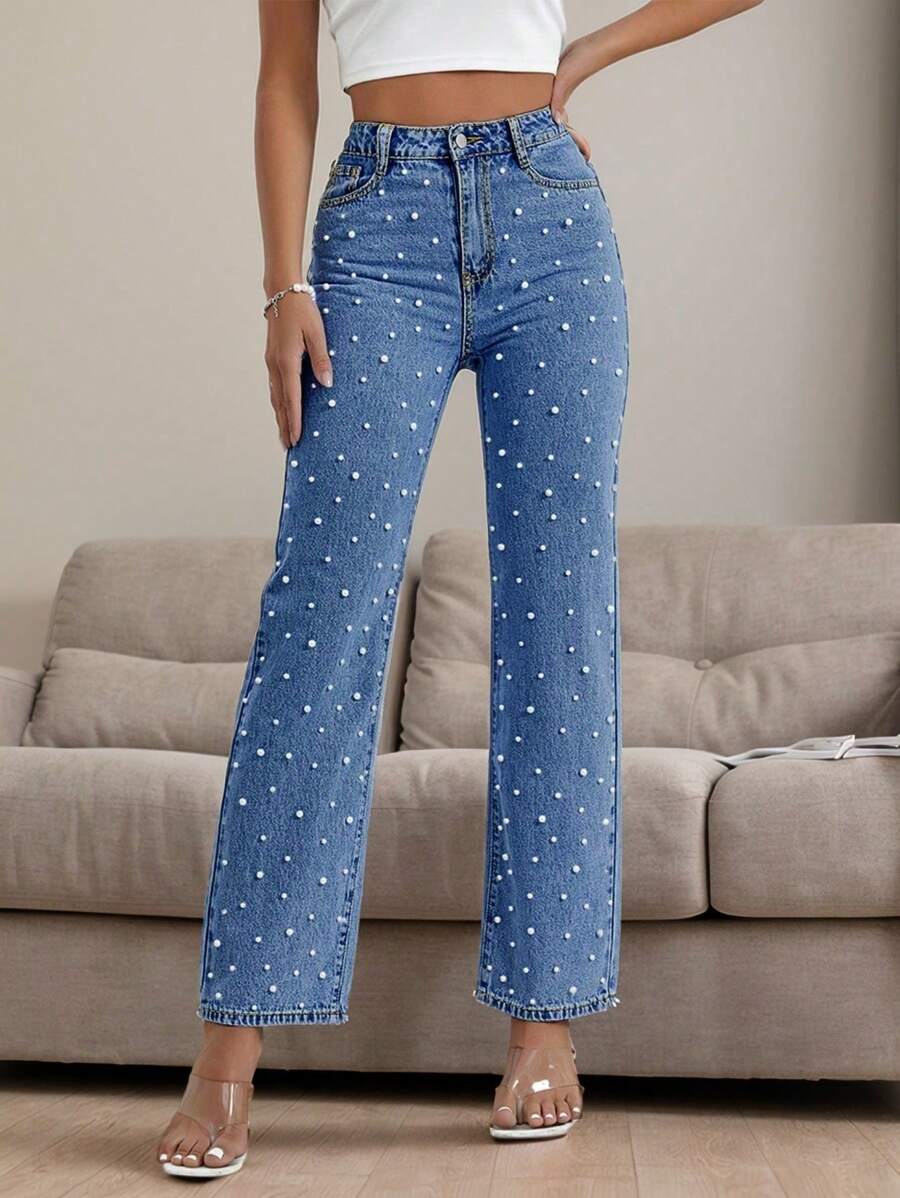 Women's Straight Leg Pant Jeans,Pearl Decoration,Button Zipper And Pocket Summer Jeans - Rửa trung bình - Xem 1