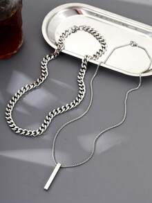2pcs/Set Stainless Steel Necklace Set, Hip Hop Wide Chain & Rectangular Pendant Necklace, New Fashion Multi-Layer Necklace For Men, Gift Box Packaged - Silver - View 5