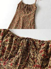 Women's Floral Dress Low Square Neck Spaghetti Strap Tie One Piece Dress 90's Y2K Sunny Dresses - Mustard Yellow - View 4