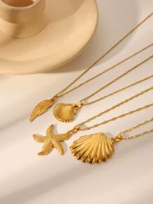 1 件时尚不锈钢 18K 镀金海洋生物系列项链，金色海星、贝壳、翅膀吊坠项链，适合女士日常佩戴、约会、节日和生日礼物 - 金色 - 查看 1