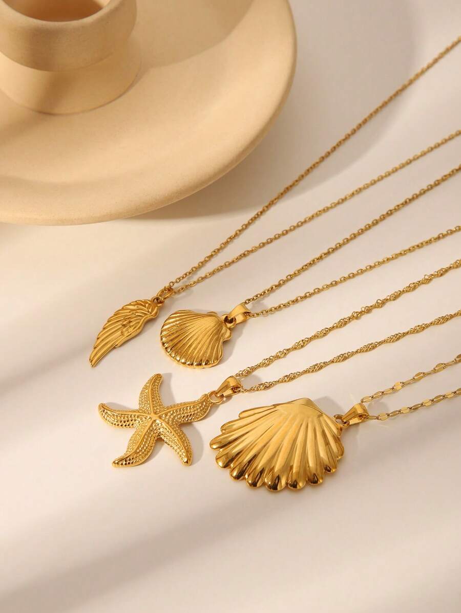 1 件时尚不锈钢 18K 镀金海洋生物系列项链，金色海星、贝壳、翅膀吊坠项链，适合女士日常佩戴、约会、节日和生日礼物 - 金色 - 查看 1