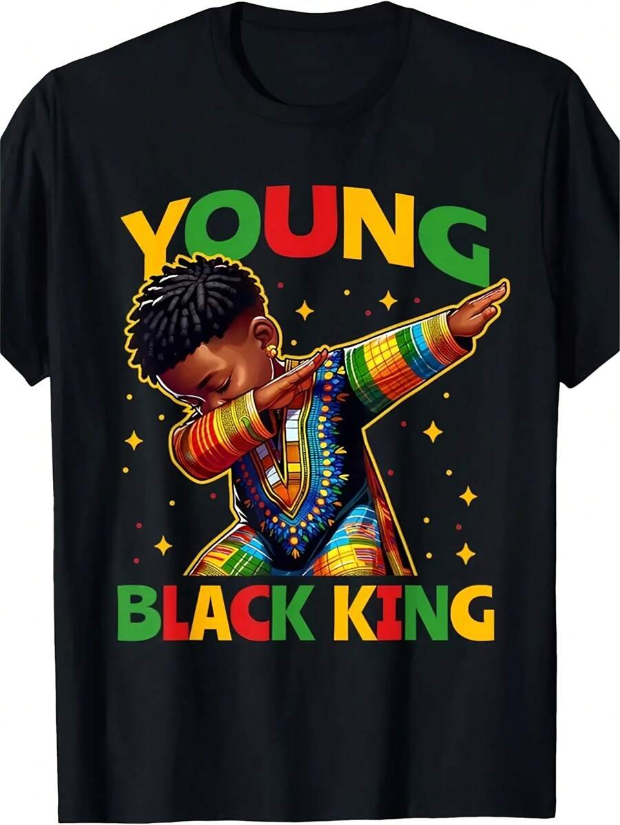 100% Cotton 'Young Black King' Youth Celebration T-Shirt - Vibrant African Pride Month Design, Round Neck, Short Sleeve, Machine Washable - Suitable For Boys And Girls - 黑色 - 查看 1