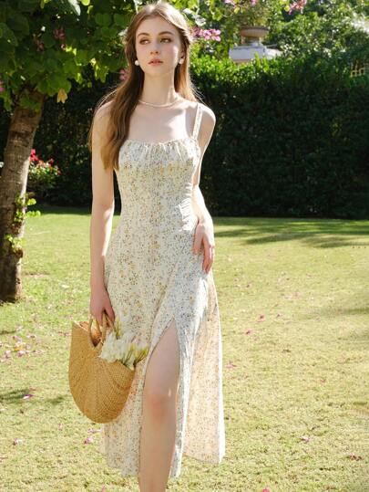 女士碎花吊带背心简约休闲连衣裙夏季度假