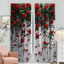 2pcs Elegant & Romantic Red Rose 3D Digital Printing Curtain Fabric, Suitable For Living Room, Bedroom, Balcony, Study And Other Occasions