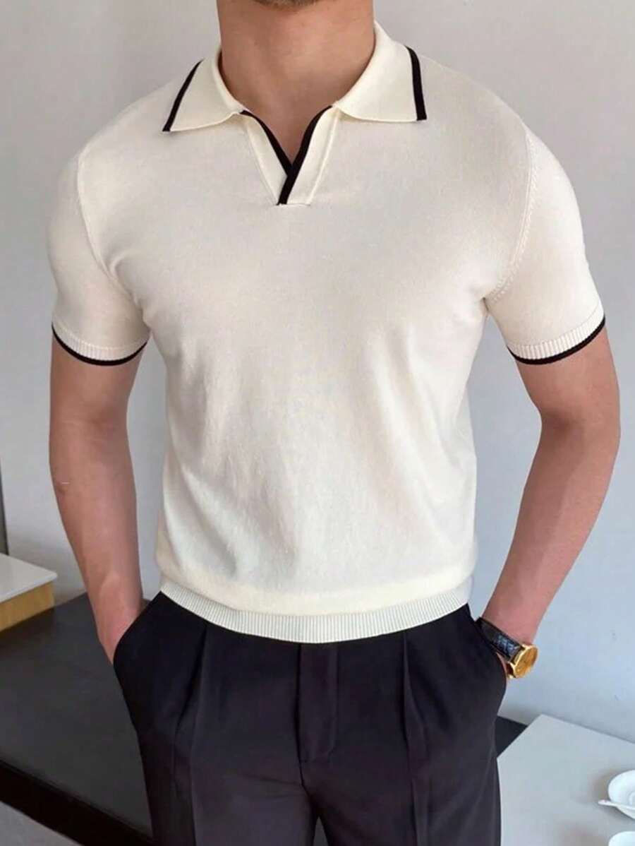 男式休闲撞色边饰 Polo 领短袖针织衬衫，春夏 - 白色 - 查看 1