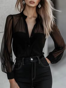 Women's Fashionable Elegant Versatile Solid Color Lantern Sleeve Blouse Black Summer - Black - View 1