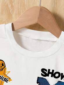 2pcs Tween Boys Sets: Letter Graphic Print Short Sleeve Tee And Distressed Denim Shorts - White - View 4