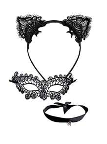 1 Set Sexy Lace White Bell, Black Lace Cat Ear Headband, White Lace Gloves, Choker - Cat Princess Lady Costume Set Prom - Black - View 1