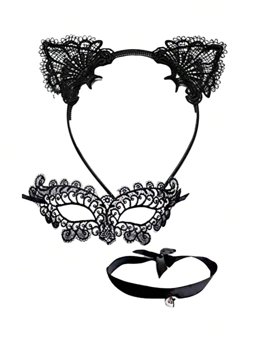 1 Set Sexy Lace White Bell, Black Lace Cat Ear Headband, White Lace Gloves, Choker - Cat Princess Lady Costume Set Prom - Black - View 1