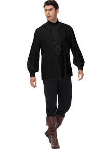 Men's Medieval Ruffle Collar Long Sleeve Shirt, Gothic Style Costume For Festivals And Parties - Black - View 4