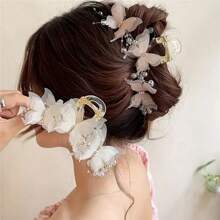 1 peça de grampo de cabelo borboleta grande com pérolas falsas e strass, doce e fofo, adequado para uso casual diário, saídas, combinação de festa, disponível em branco e rosa, acessórios de cabelo, grampos de garra, grampo de mandíbula de cabelo, grampo de cabelo para outono e inverno para roupas de férias femininas