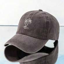 1pc Embroidered Coconut Tree Washed Baseball Cap, Adjustable Outdoor Sun Protection Casual Hat For Spring/Autumn Travel Beach Vacation Women, Y2K Style