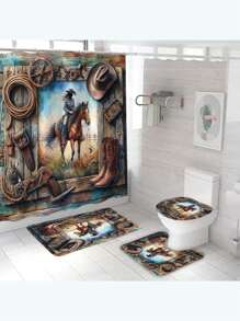 4 Stücke Badezimmer Vorhang Set im Bauernhof-Stil mit Pferdemotiv, moderne Badezimmer Dekoration, wasserdichter Stoffvorhang Set mit 12 Haken, rutschfeste Badematte, U-förmige Toilettenauflage, Toilettendeckel, geeignet als Geschenk für Zuhause, St. Patrick's Day Badezimmer Accessoires, Rückkehr zur Schule