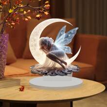 1 Piece, Dreamy Fairy Crescent Shaped Acrylic Desktop Decoration, 2D Classic Fantasy Collectible Statue With Base, Perfect For Home, Office And Bookshelf Decoration, Perfect Holiday Gift