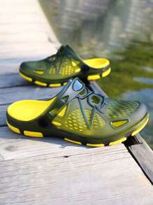 1 双男士轻便舒适木屐镂空防滑花园鞋，男士网眼夏季凉鞋，适合休闲户外使用，防滑厚底沙滩人字拖拖鞋（随机不对称印花） - 黃色 - 查看 3