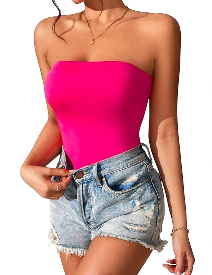 Unicolor Strapless Jumpsuit. - Hot Pink - View 1