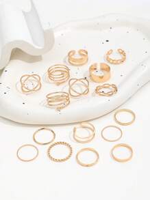 16pcs Fashionable Street Style Personalized Rings, Minimalist Alloy Finger Rings Set, Retro Simple Chic Style For Women - Gold - View 3