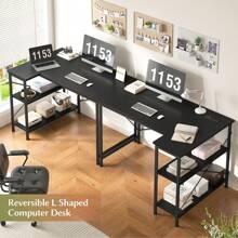 EnHomee 40 Inch Small L Shaped Desk With Storage Shelves, Power Outlets & Side Bag, Reversible X-Shaped Support For Home Office Bedroom Decor - 黑色 - 查看 4