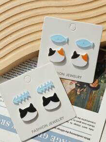 2 paar acryl bling bling vis & kat oorbellen set, schattig & leuk ontwerp, cadeaus voor vrouwen