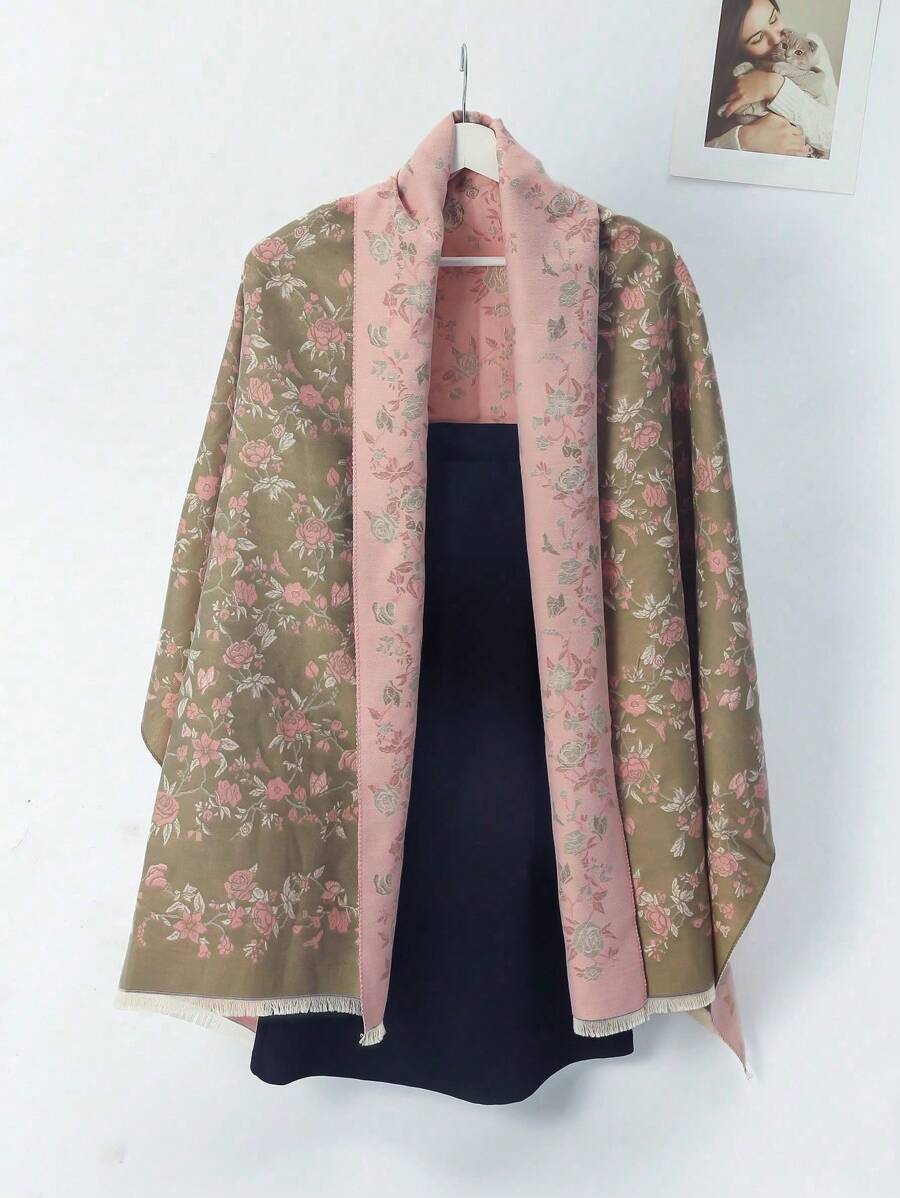 1pc Elegant Spring Vintage Floral Jacquard Warm Windproof Air Conditioning Outdoor Shawl, Suitable For Daily Wear, Photo Shoots, Gifts, Commute, With Fashionable And High-End Style For Women - Multicolor - View 1