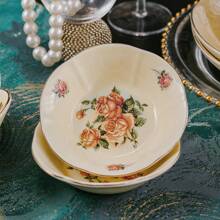 2 bucăți farfurii elegante în formă de floare din ceramică în stil european, feluri de mâncare cu sos cu detaliu auriu și model de trandafiri, boluri pentru gustări și desert. - Multicolor - Vizualizare 3