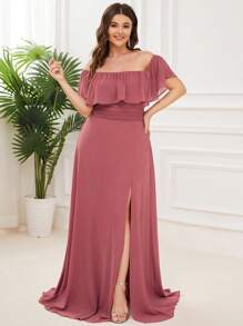 Plus Size Elegant Off-Shoulder Bridesmaid Dress - Coral Pink - View 4