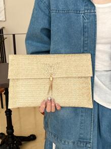 1-Piece Straw Bag With Flap And Bow Decoration Small Bag For Women, Suitable For Daily Shopping And Dating, Fashionable Hand-Held Envelope Bag For Women