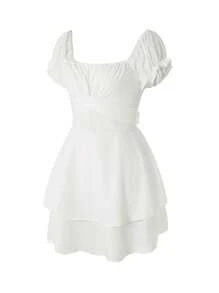 Women's Mini A-Line Dress Solid Color Ruffled Sleeves Square Neck Layered Hem Dress - trắng - Xem 7