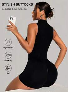 KIKIMINK Women's Half Zipper Seamless Sports Romper Halter Sleeveless Yoga Workout Romper