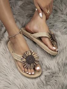 Women's Fashionable Flower Patterned Coffee Color Summer Shoes, Woven Straw Textured Flat Sandals, Casual Beach Slides, Espadrille Style Flats - Coffee Brown - View 3