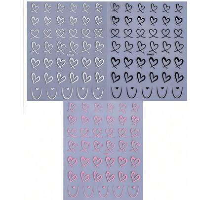心形美甲贴纸，法式心形美甲贴纸，粉色、白色、黑色心形美甲贴纸，彩色美甲贴纸，镂空心形美甲贴纸，心形图案美甲贴纸，彩色心形图案贴纸，自粘式DIY美甲装饰，适合DIY情人节美甲装饰，美甲用品
