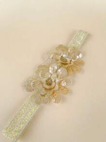 1 件装金色刺绣蕾丝花卉头带，适合婴儿，日常装扮、礼物、拍照、婴儿发饰 - 金色 - 查看 3