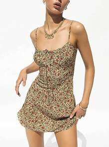 Women's Floral Dress Low Square Neck Spaghetti Strap Tie One Piece Dress 90's Y2K Sunny Dresses - 黃色 - 查看 5