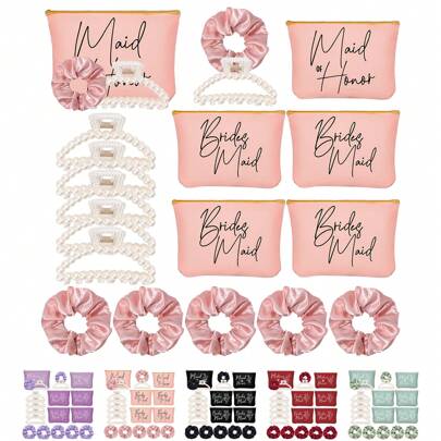 Set de 15 piezas de regalos para propuesta a damas de honor, incluye 5 bolsas de maquillaje para damas de honor, 5 ganchos para el cabello de perlas falsas, 5 scrunchies para el cabello, para regalos de boda, fiesta de despedida de soltera, decoraciones de cumpleaños, decoraciones de graduación, decoraciones de fiesta
