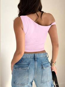 Women's Solid Color Casual Asymmetric Shoulder Short Sleeve Top - Baby Pink - View 3