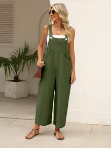 Women's Summer Cotton Linen Bib Bodysuit Loose Sleeveless Adjustable Wide Leg Jumpsuit - 軍綠色 - 查看 4