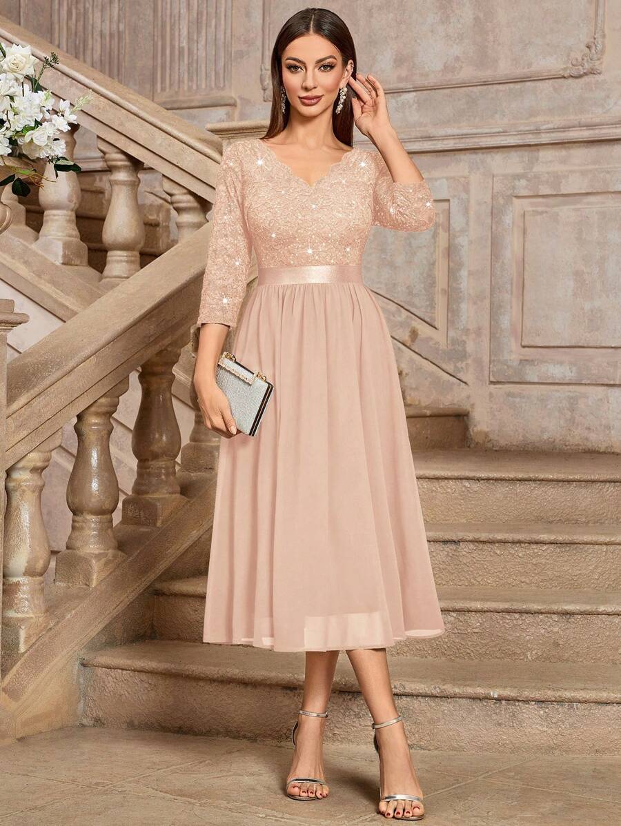 MIUSOL Đầm xòe dự tiệc dạ hội cổ chữ V đính sequin ren hoa nhún xếp ly vải voan tay lỡ 3/4, đầm xuân hè, đầm dáng chữ A, đầm midi thanh lịch