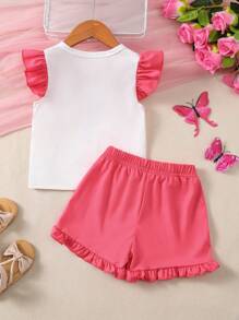 Set estivo con stampa farfalla carino, con maniche arricciate, pantaloncini corti, outfit per bambini