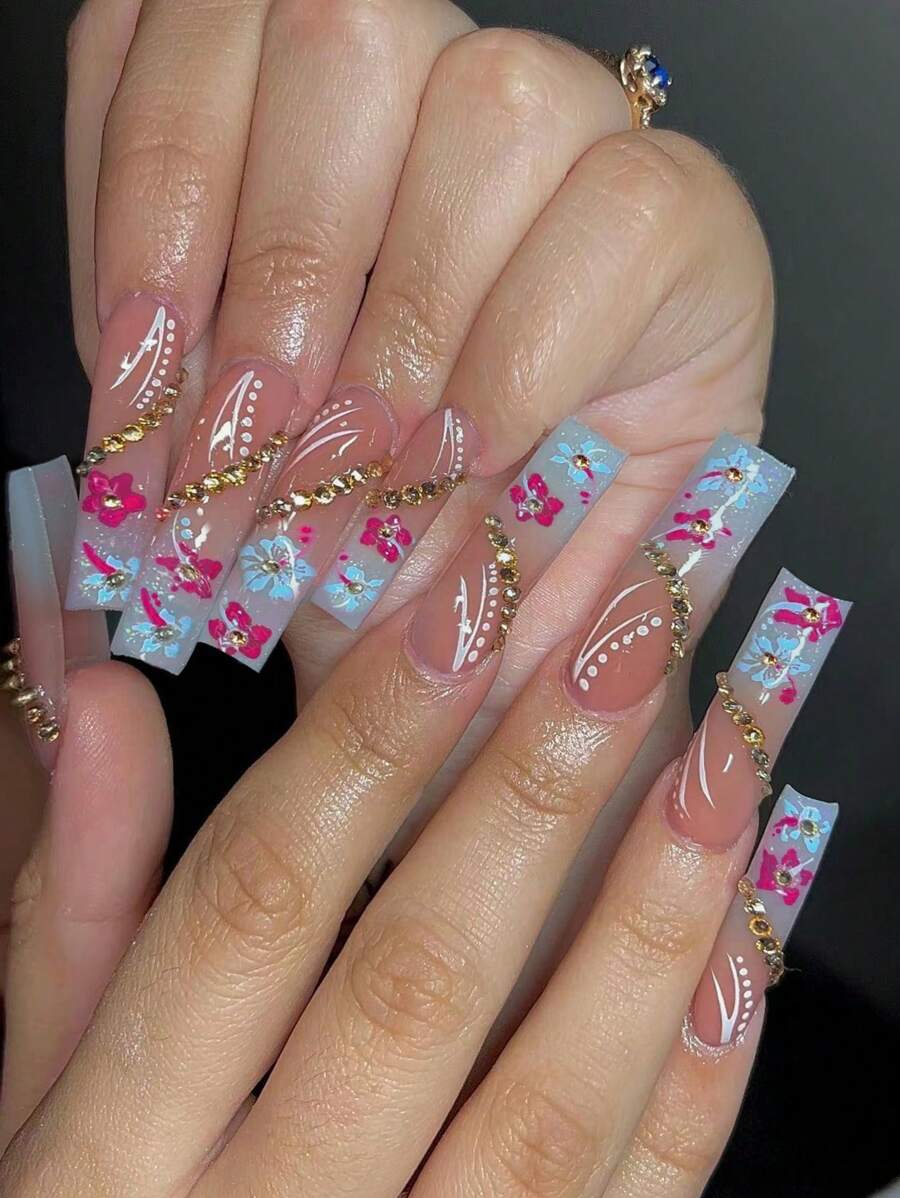 Y2K 24 件长方形芙蓉花闪光指甲，搭配金色水钻设计，亚克力按压指甲，中等贴合，完美假指甲套装。包含：1 件果冻胶和 1 个指甲锉，夏季美甲和法式尖头美甲，适合女士和女孩日常生活和派对使用，美甲用品