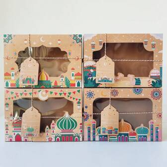 12pcs Kraft Paper Gift Boxes, Eid Mubarak Candy Boxes With PVC Window, Middle East New Year Packaging, Festival , Home Decor,Birthday,Bride,Wedding